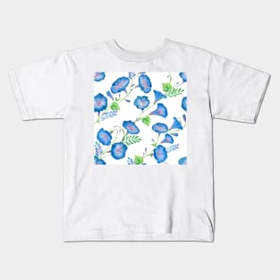 Morning Glory watercolor flowers ornament. Spring blue romantic flowers seamless pattern Kids T-Shirt